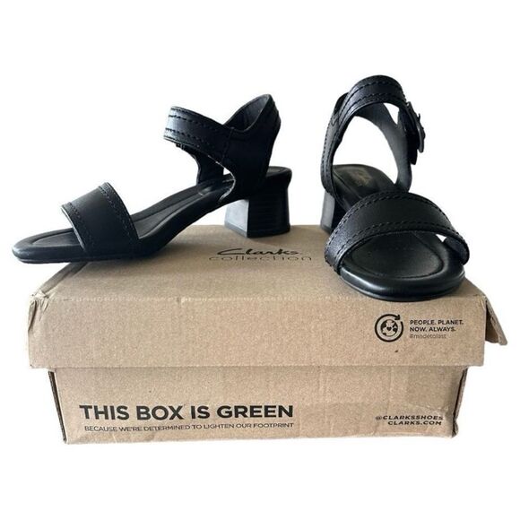 Black Sandals Clarks Desirae Coast Sandal Open Toe Block Heeled Sandals Size 6 - Picture 1 of 9